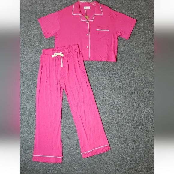 Stripe & Stare Women's 2 Piece Pink White Pajama Set Super Soft - Picture 2 of 11